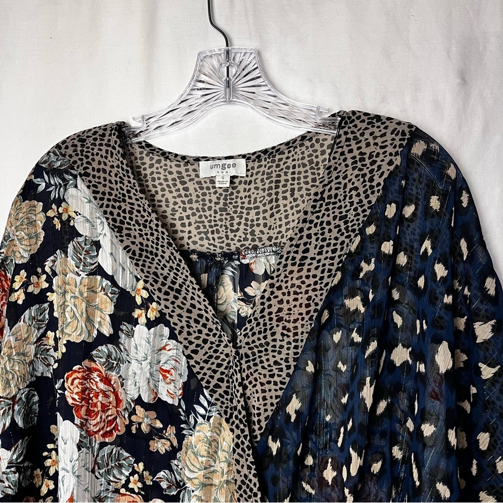 Umgee | Navy Mixed Print Boho Surplice Top, Small - image 4